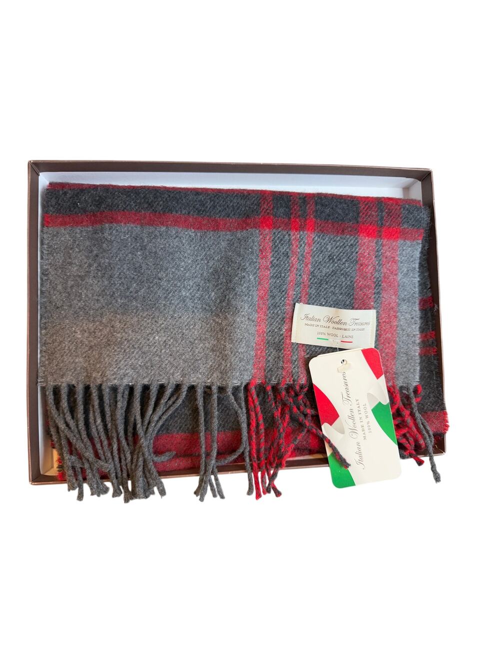 Italian Woollen Treasures Wool Fringed Scarf Gray Red